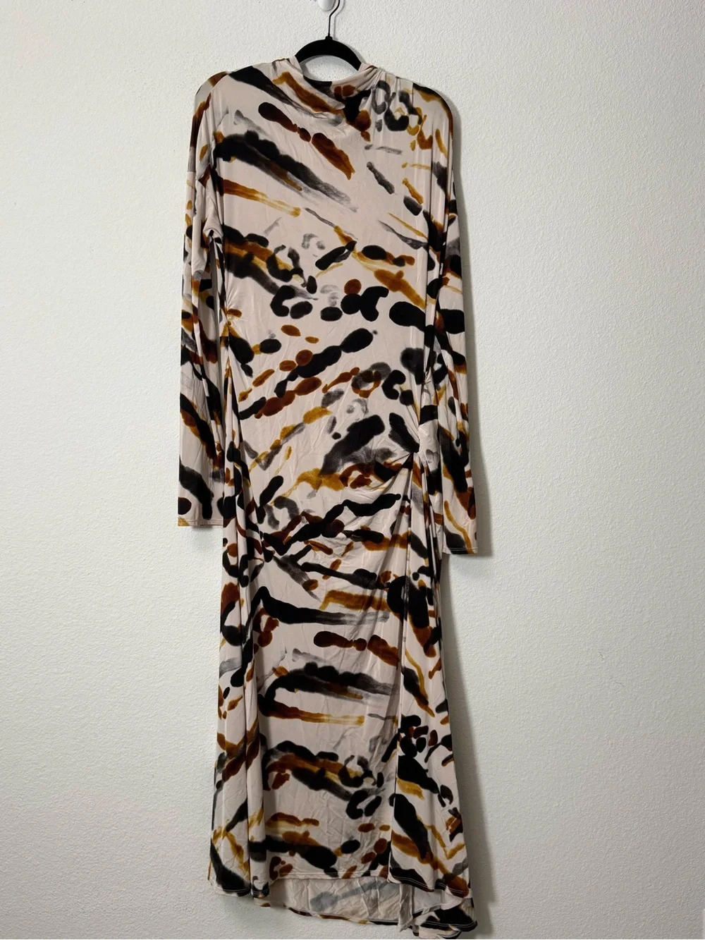 A.L.C. Lia Jersey Printed Maxi Dress Black Camel Abstract Ruched XL $795